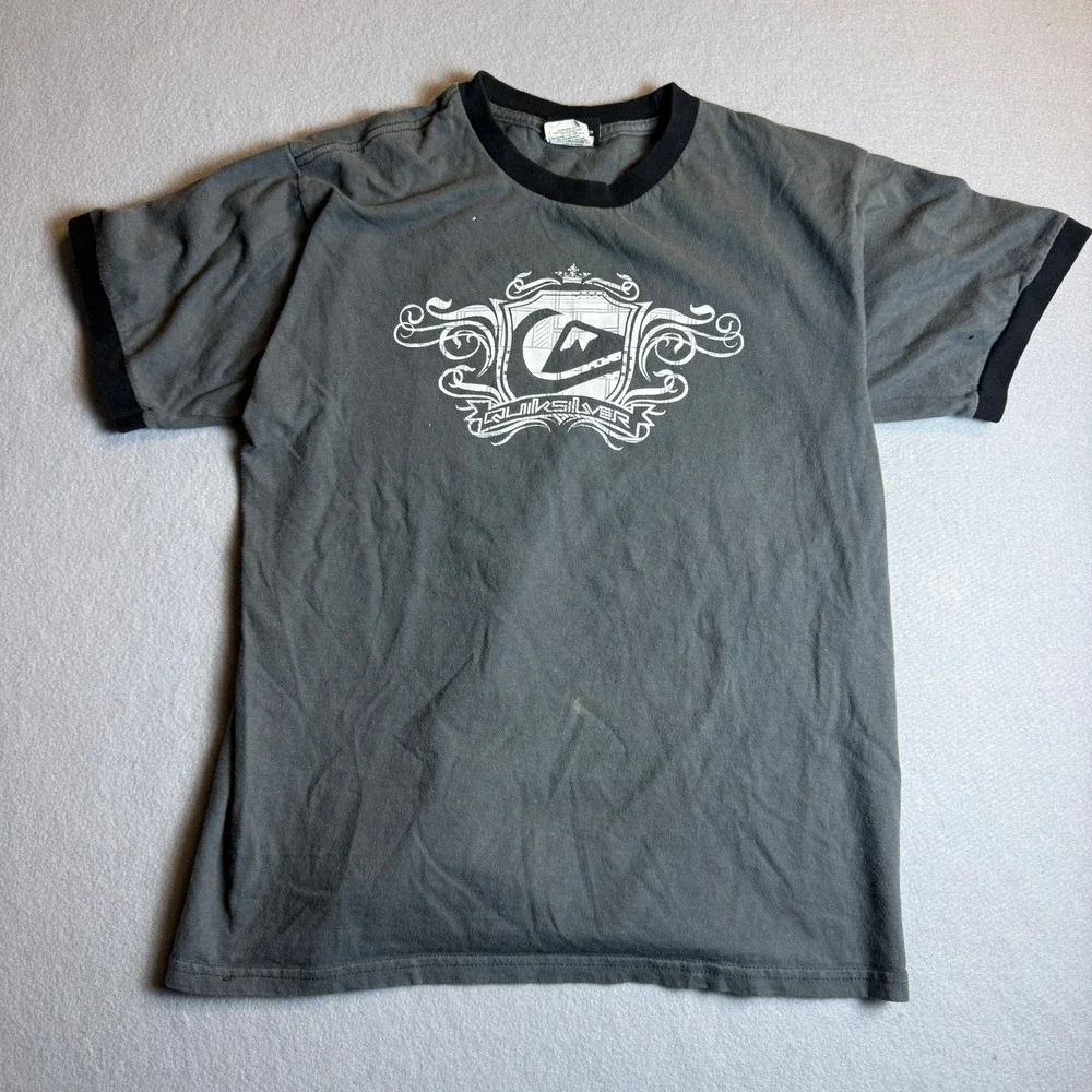 Quiksilver Boys XL Gray Ringer T-Shirt Short Sleeve‎ Crest Logo Surf Tee